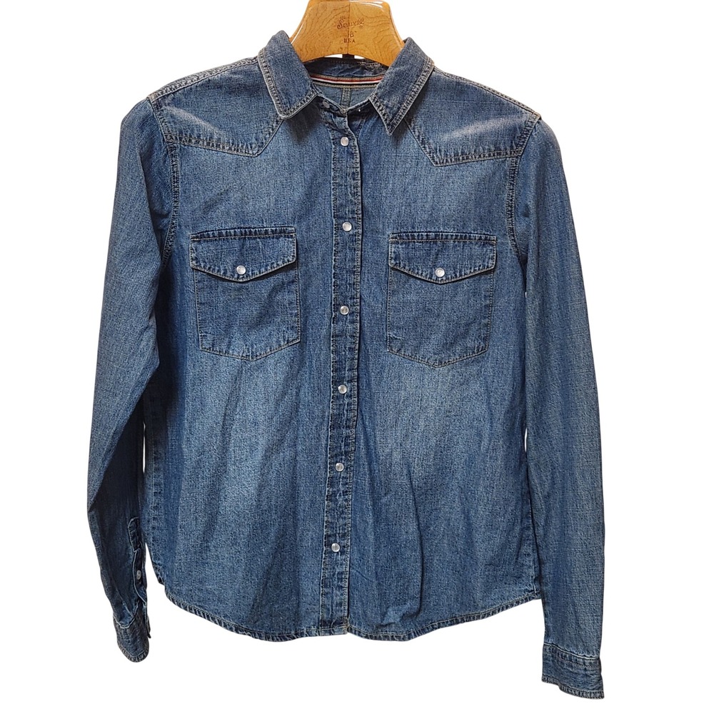 Thread Supply Womens Small Western Snap Shirt Long Sleeve Blue Cotton Cowgirl